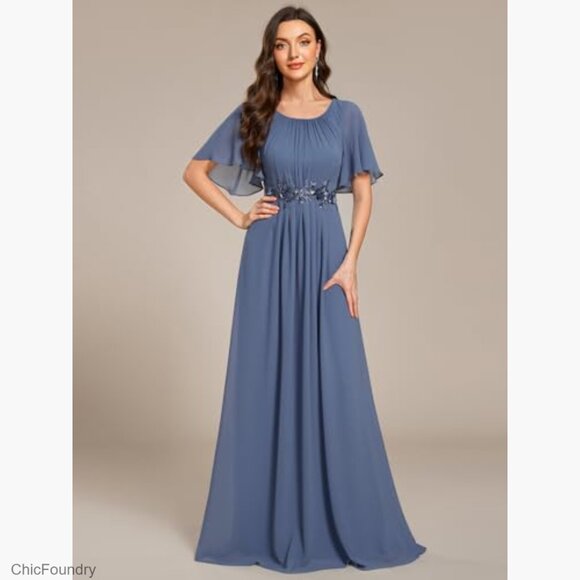 Floor Length Formal Dress with Chiffon Fabric and Floral Appliques - Picture 2 of 7